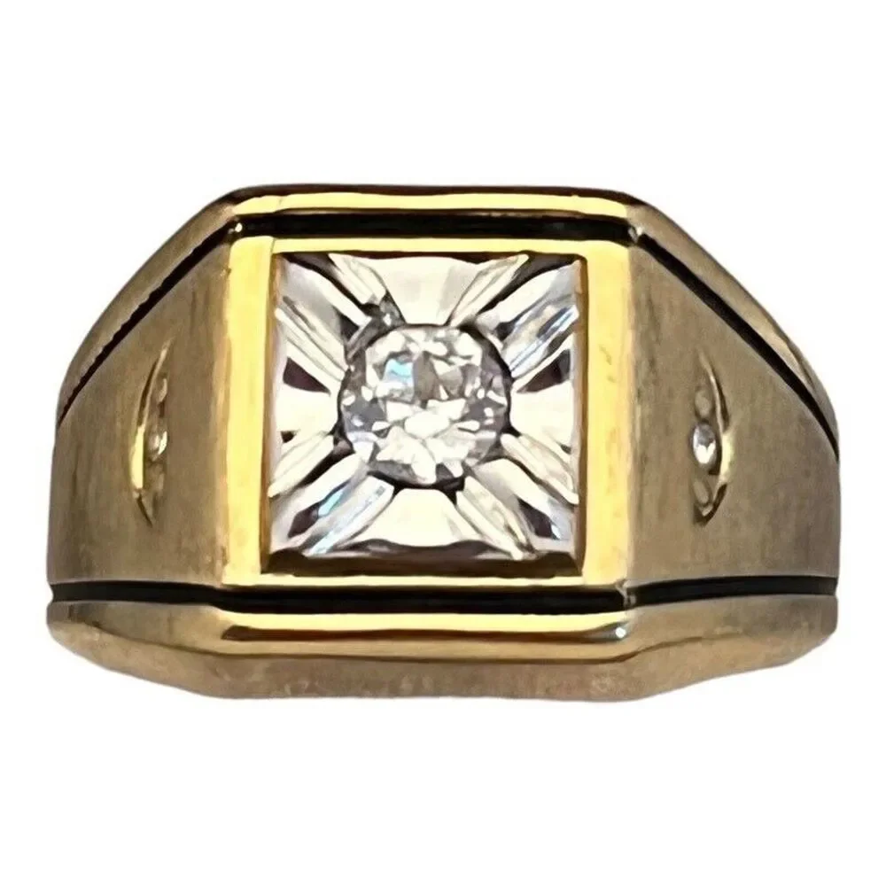 Vintage 1970s Ring Size 10 Uncas CZ Square Bezel Textured Gold Plated - 14O